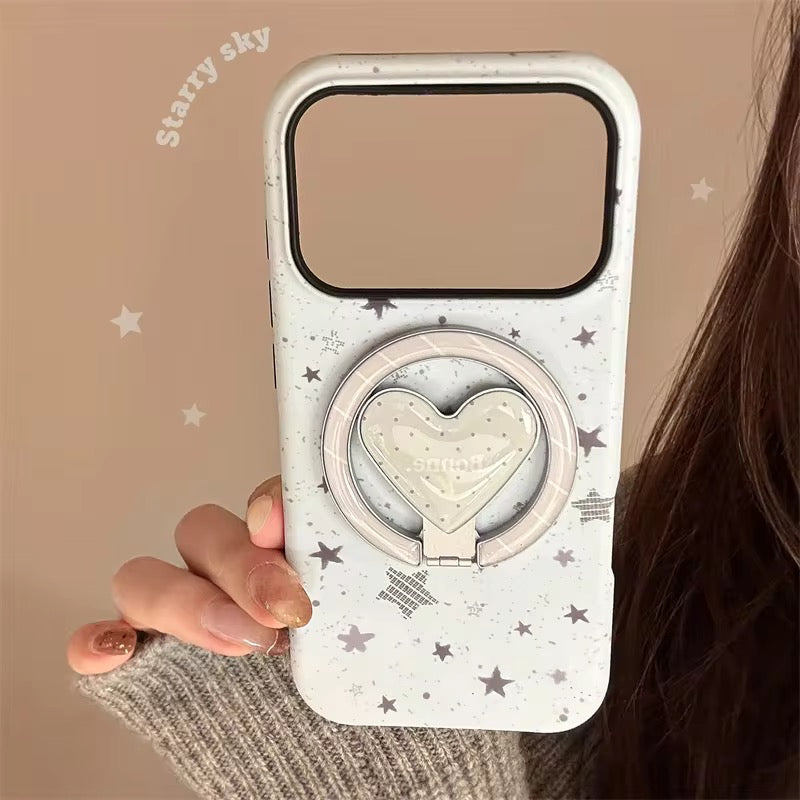Soft Grey Star Heart iPhone Case with Ring Stand – Minimal & Elegant Look