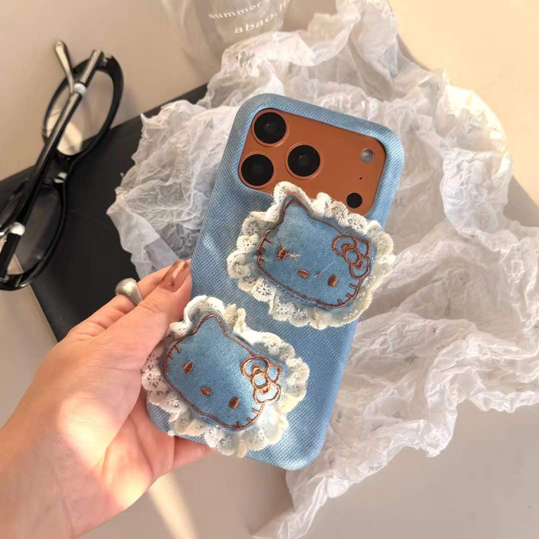 Trendy Denim Cat iPhone Case with Lace Detail & Cute Patch Design