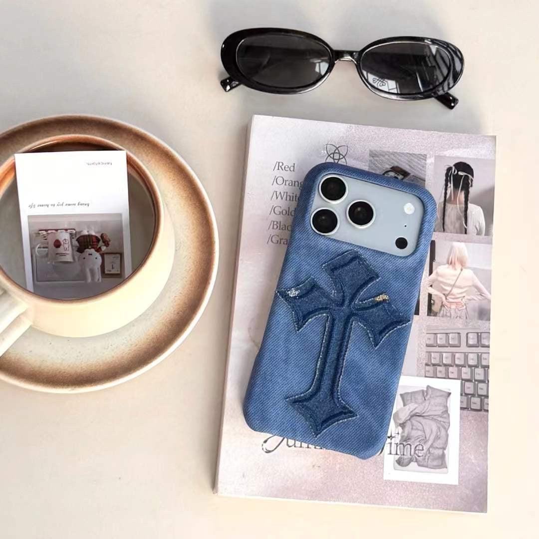 Premium Denim Cross iPhone Case with Bold Embroidered Design