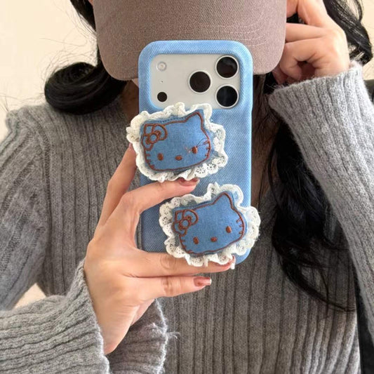 Trendy Denim Cat iPhone Case with Lace Detail & Cute Patch Design