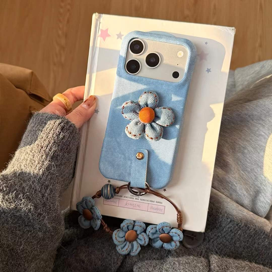 Chic Denim Flower Phone Case with Wrist Strap – Stylish Grip Cover for Everyday Use