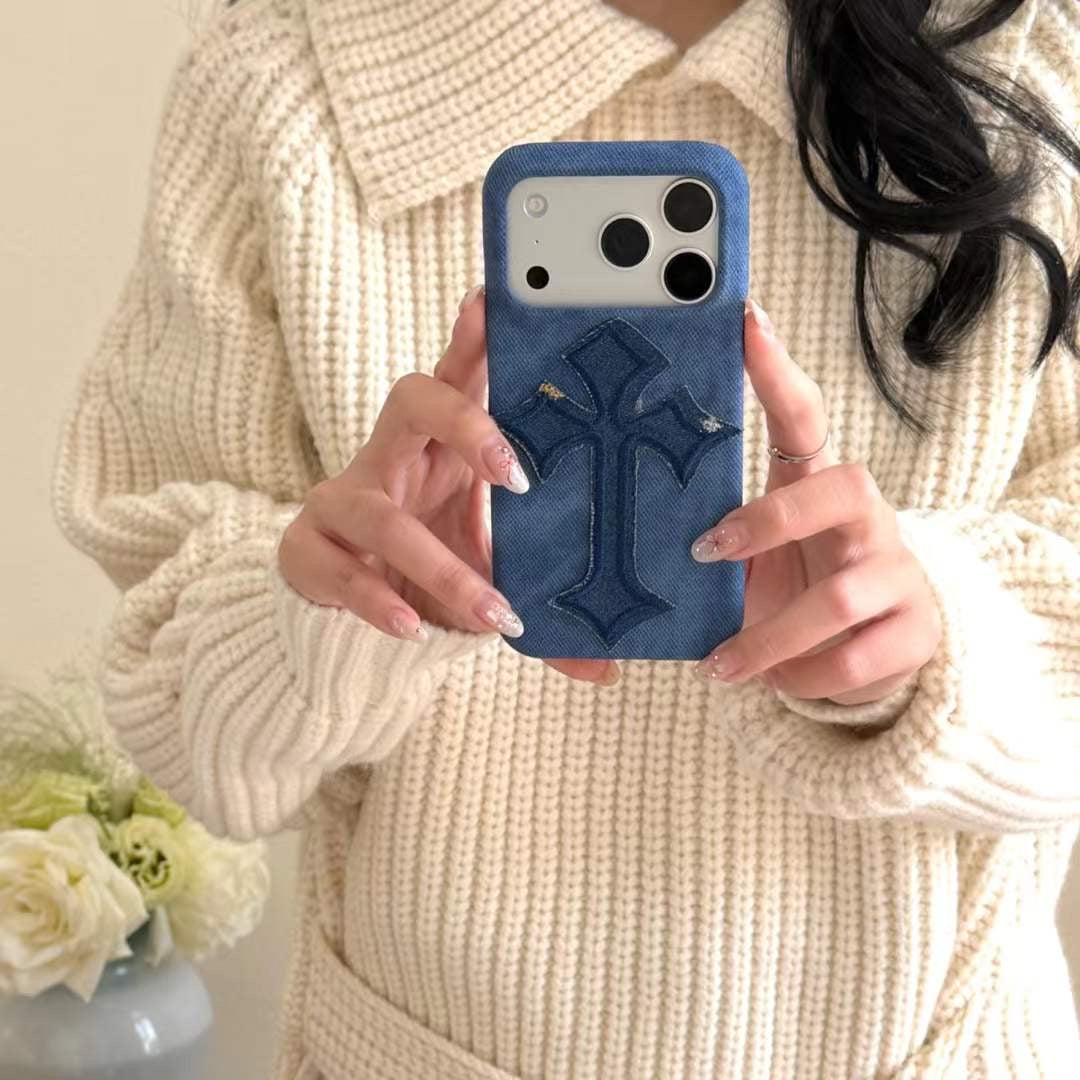 Premium Denim Cross iPhone Case with Bold Embroidered Design