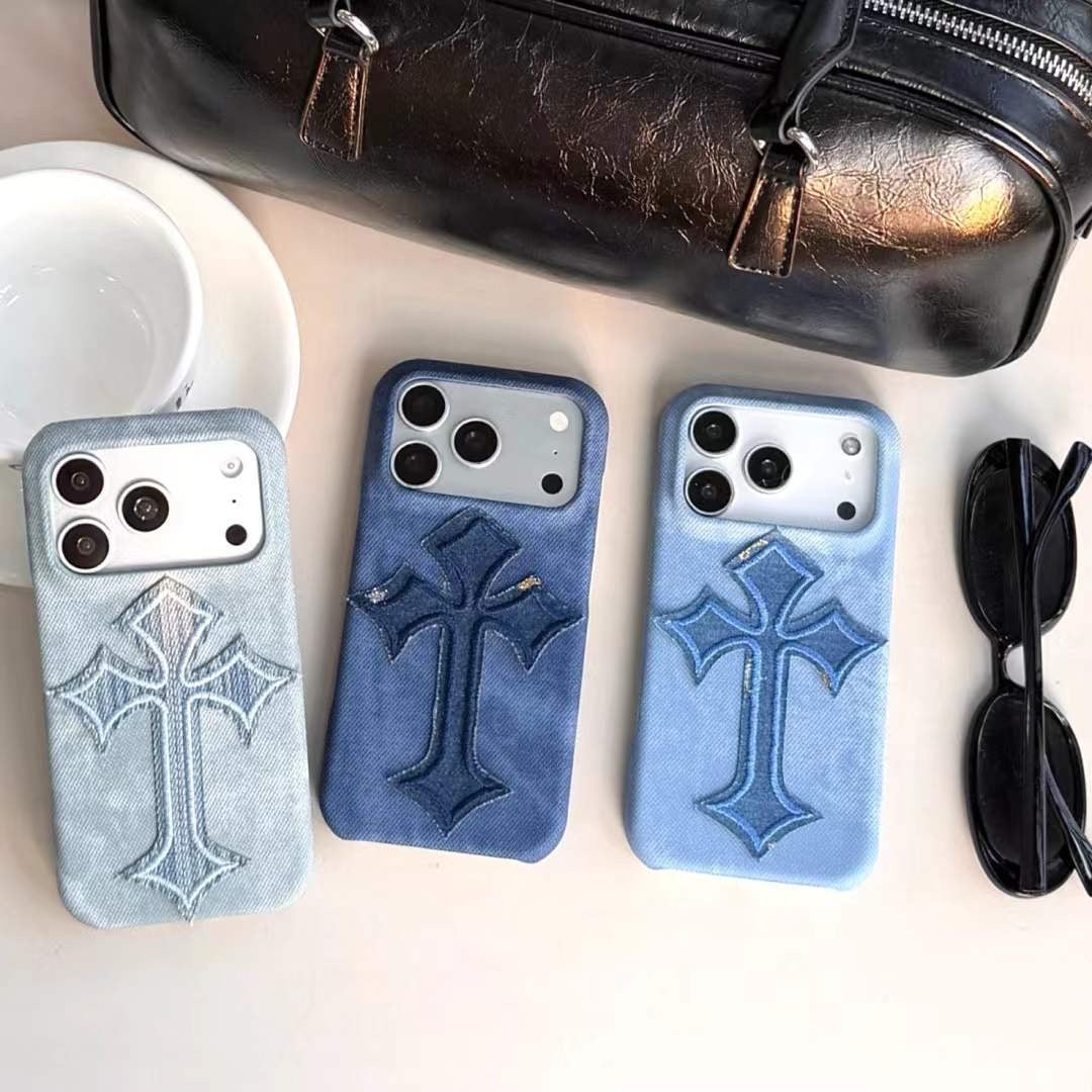 Premium Denim Cross iPhone Case with Bold Embroidered Design