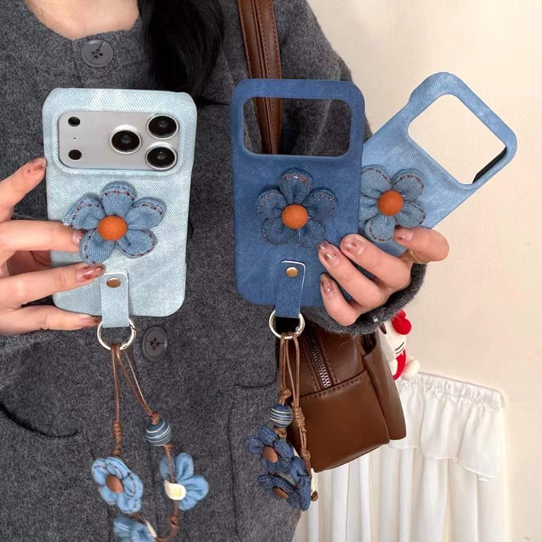 Chic Denim Flower Phone Case with Wrist Strap – Stylish Grip Cover for Everyday Use