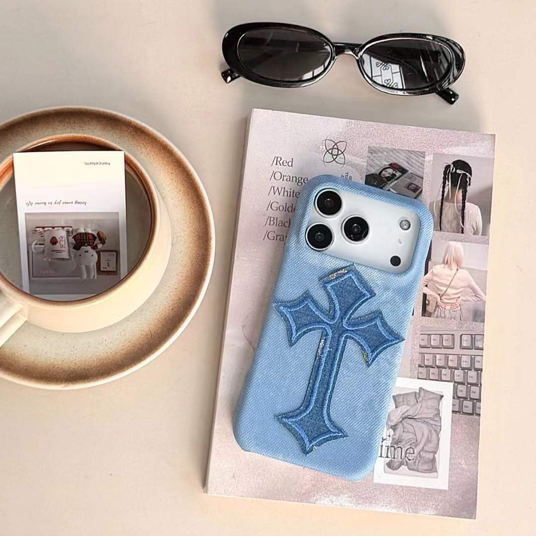 Premium Denim Cross iPhone Case with Bold Embroidered Design