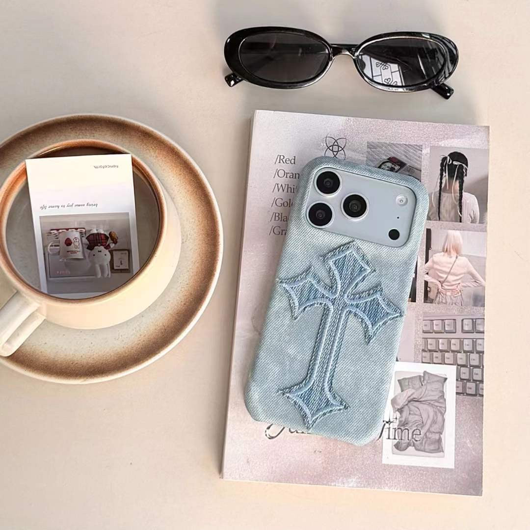 Premium Denim Cross iPhone Case with Bold Embroidered Design