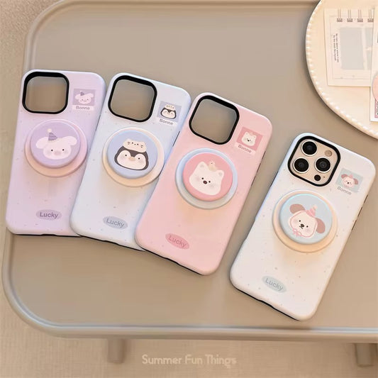Premium Cute Character iPhone Case with Pop Grip – Soft Pastel Finish