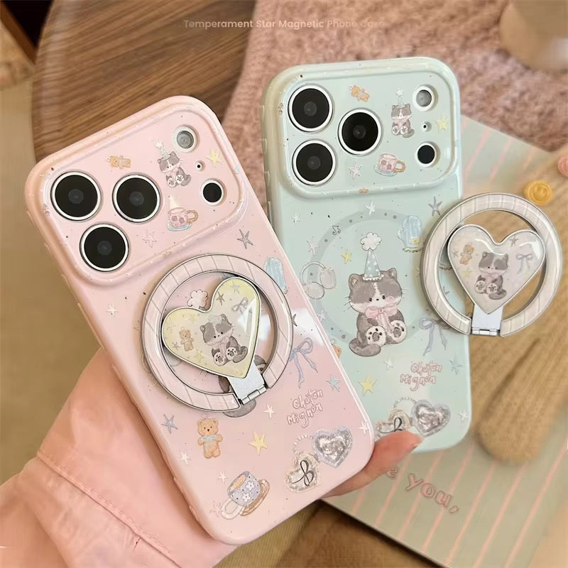 Soft Pink & Green Cute Phone Case with Ring Grip – Stylish Daily Cover