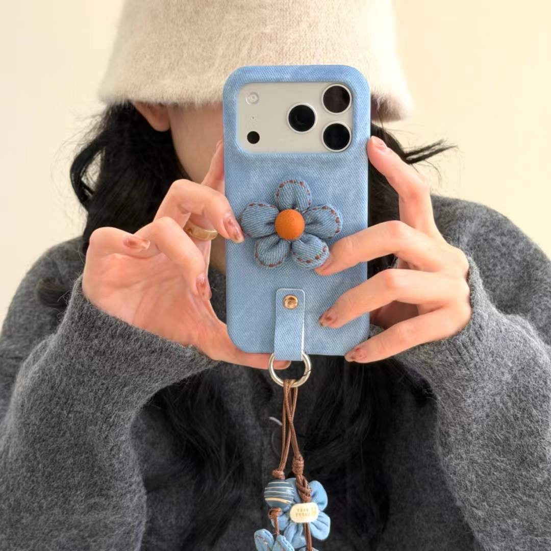 Chic Denim Flower Phone Case with Wrist Strap – Stylish Grip Cover for Everyday Use