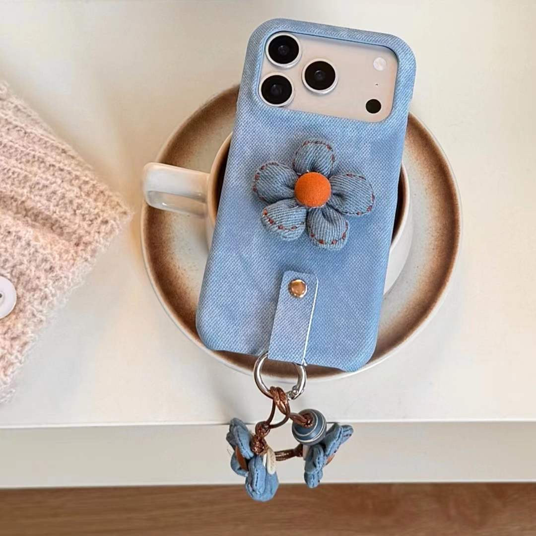 Chic Denim Flower Phone Case with Wrist Strap – Stylish Grip Cover for Everyday Use
