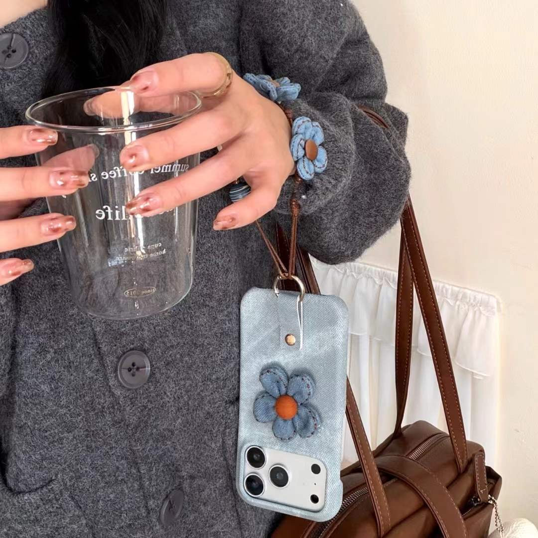 Chic Denim Flower Phone Case with Wrist Strap – Stylish Grip Cover for Everyday Use