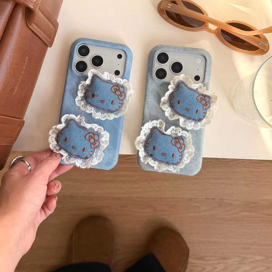 Trendy Denim Cat iPhone Case with Lace Detail & Cute Patch Design
