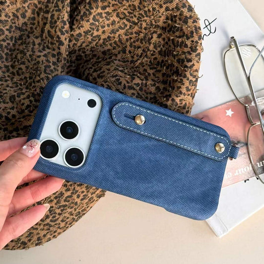 Modern Denim Finish Phone Case with Secure Hand Strap Design