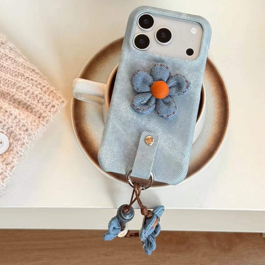 Chic Denim Flower Phone Case with Wrist Strap – Stylish Grip Cover for Everyday Use