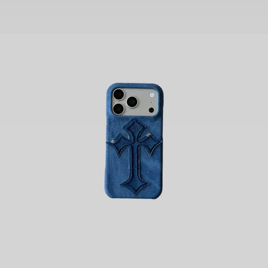 Premium Denim Cross iPhone Case with Bold Embroidered Design