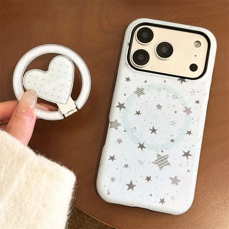 Soft Grey Star Heart iPhone Case with Ring Stand – Minimal & Elegant Look
