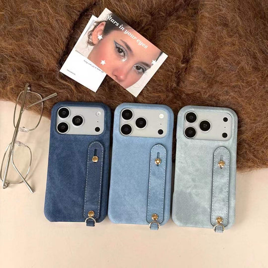 Modern Denim Finish Phone Case with Secure Hand Strap Design