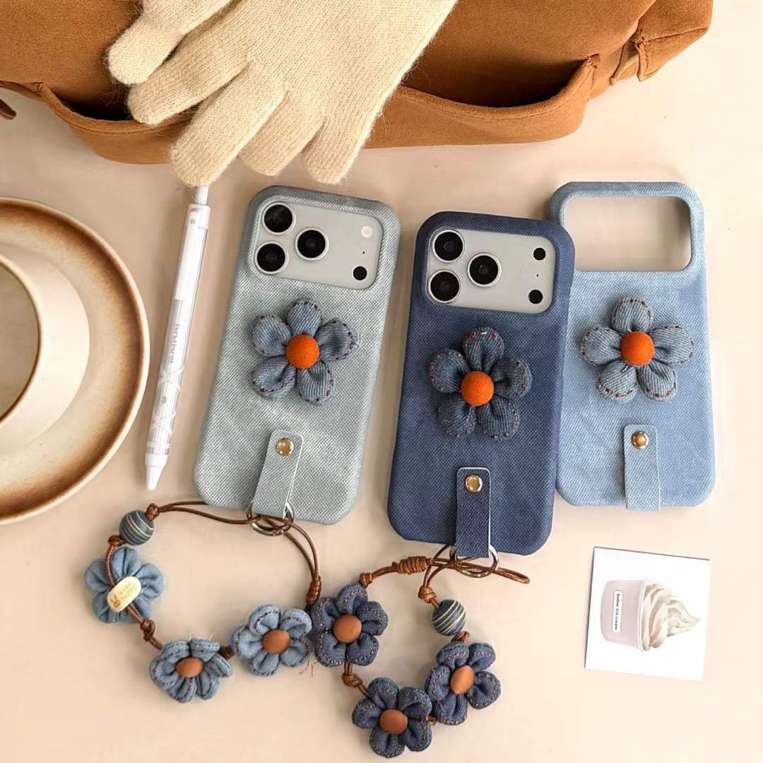 Chic Denim Flower Phone Case with Wrist Strap – Stylish Grip Cover for Everyday Use