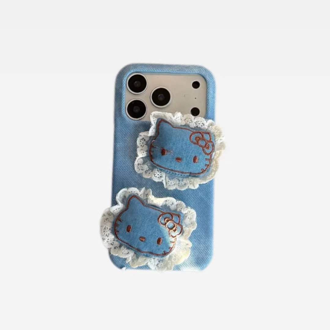 Trendy Denim Cat iPhone Case with Lace Detail & Cute Patch Design