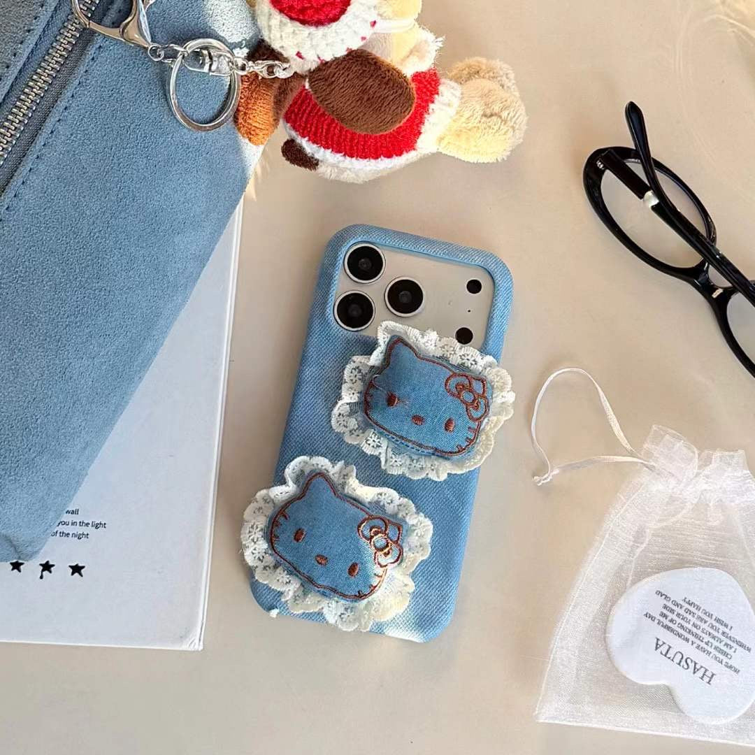 Trendy Denim Cat iPhone Case with Lace Detail & Cute Patch Design