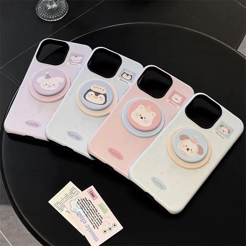 Premium Cute Character iPhone Case with Pop Grip – Soft Pastel Finish
