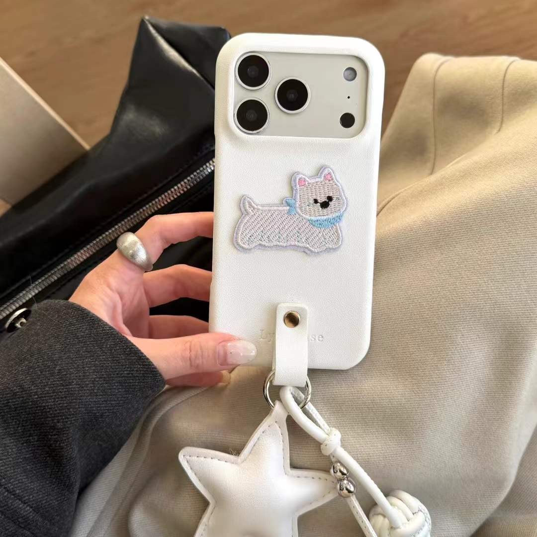 Stylish Dog Motif Phone Case with Grip Strap and Elegant Star Charm