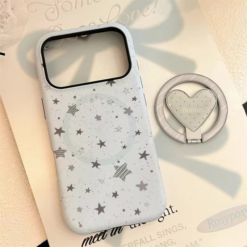 Soft Grey Star Heart iPhone Case with Ring Stand – Minimal & Elegant Look