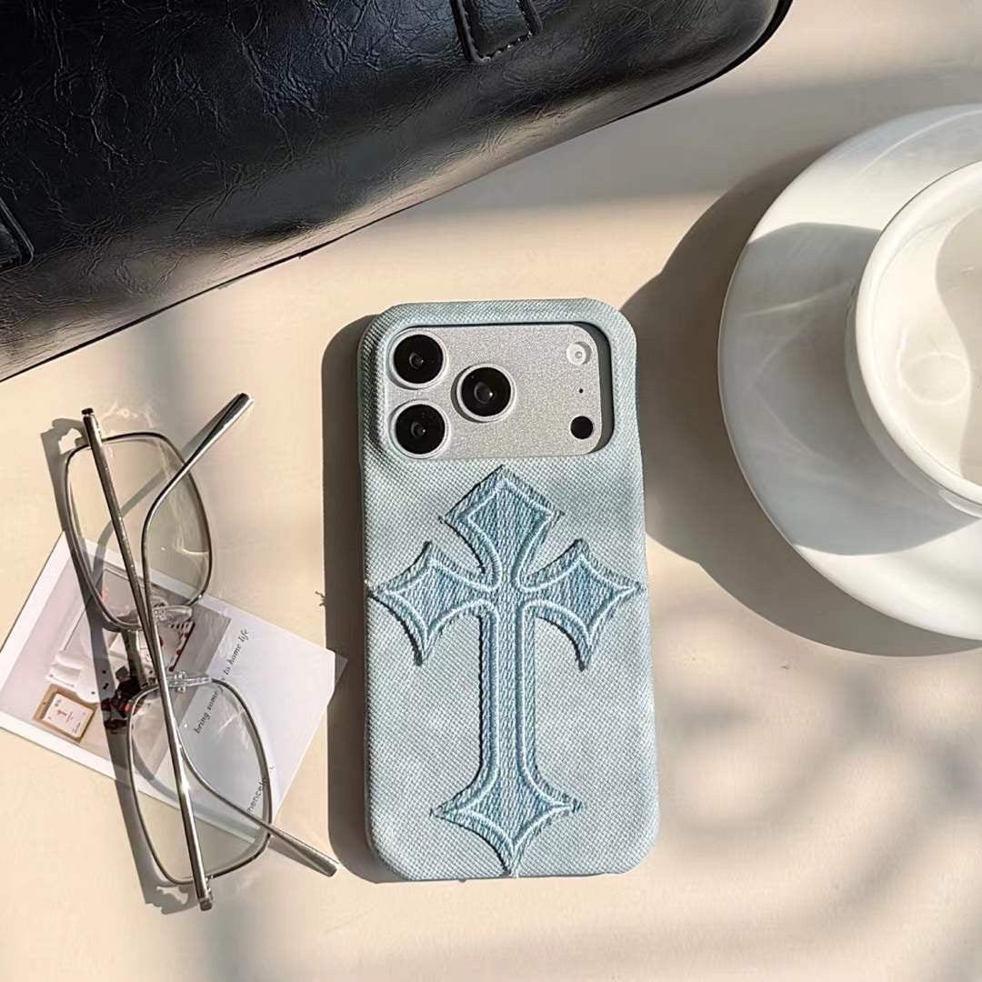 Premium Denim Cross iPhone Case with Bold Embroidered Design