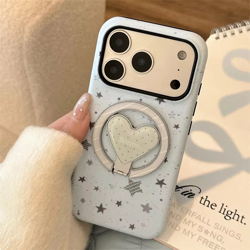 Soft Grey Star Heart iPhone Case with Ring Stand – Minimal & Elegant Look