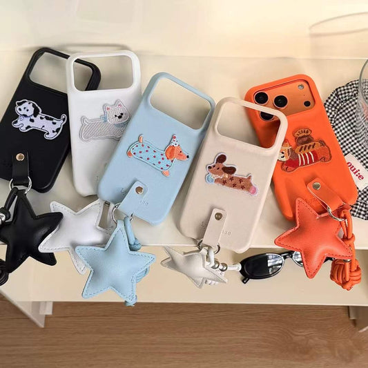 Stylish Dog Motif Phone Case with Grip Strap and Elegant Star Charm