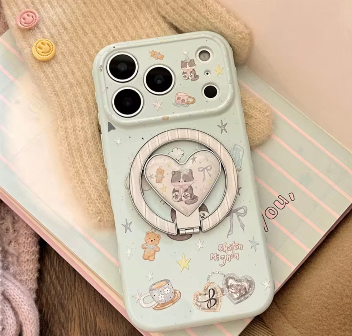 Soft Pink & Green Cute Phone Case with Ring Grip – Stylish Daily Cover