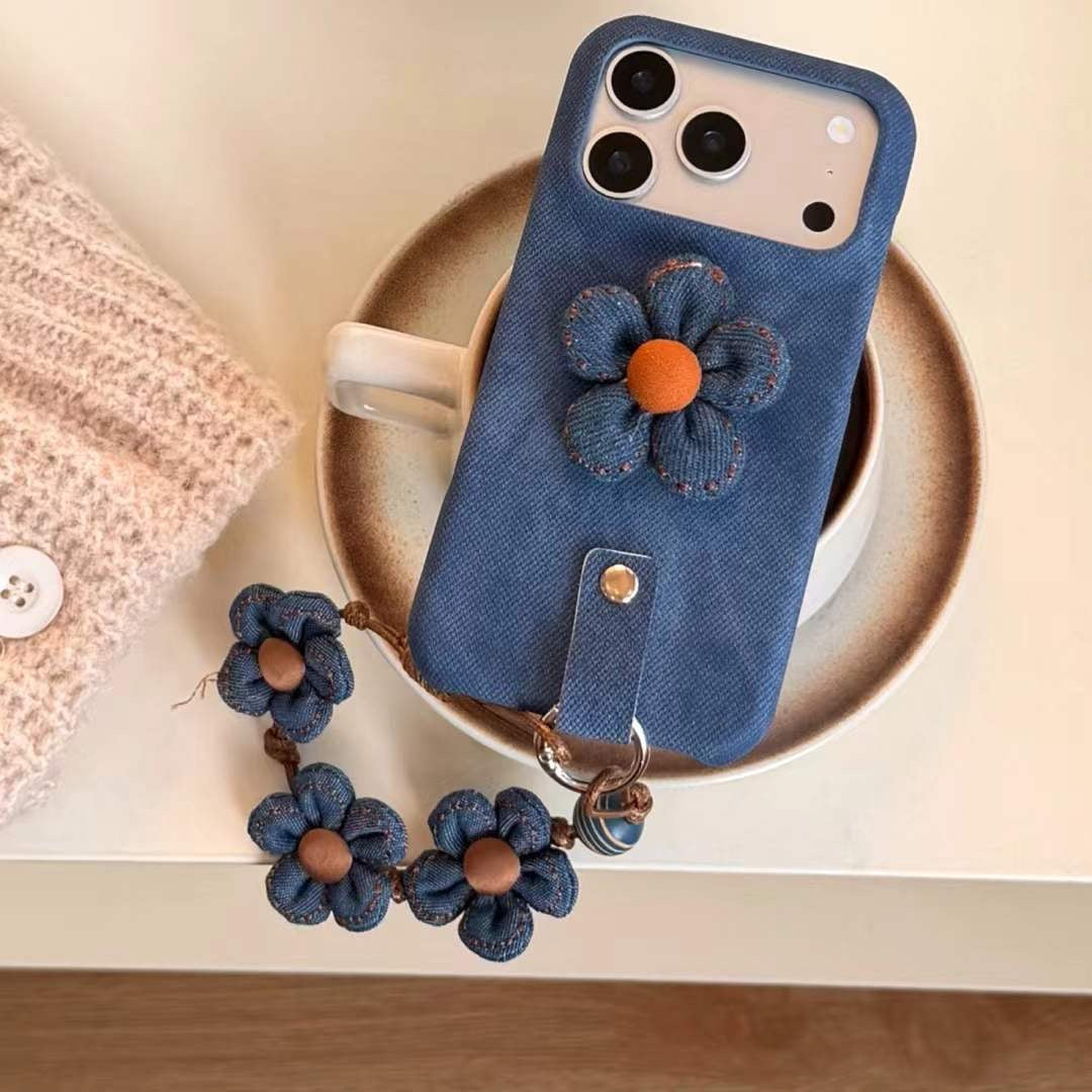 Chic Denim Flower Phone Case with Wrist Strap – Stylish Grip Cover for Everyday Use