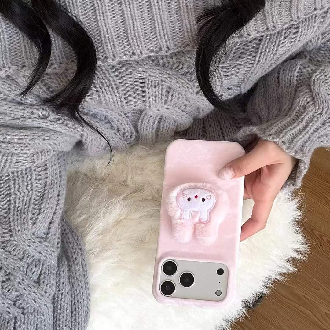 Stylish Plush iPhone Case with Bunny Grip – Soft Touch & Unique Appeal