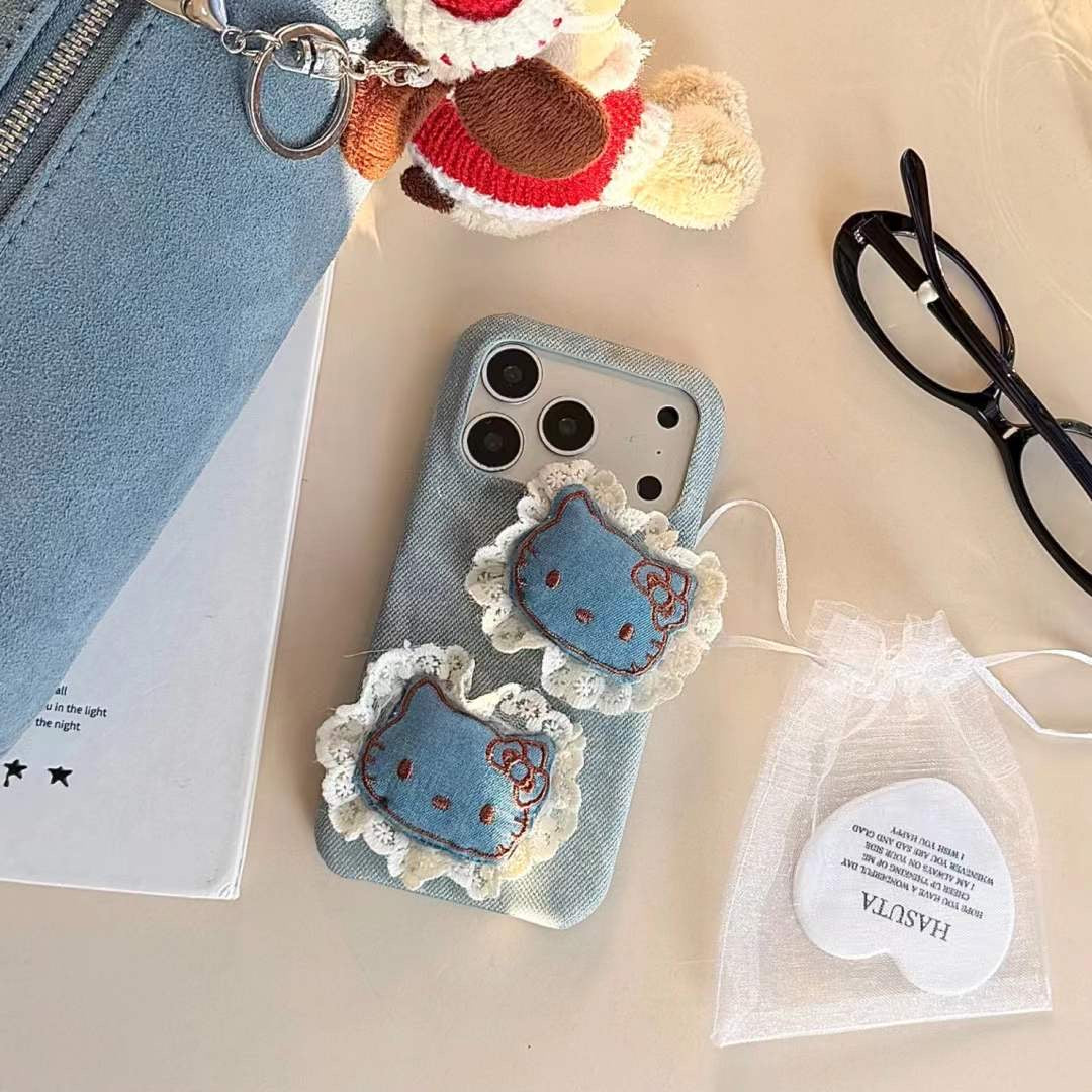 Trendy Denim Cat iPhone Case with Lace Detail & Cute Patch Design