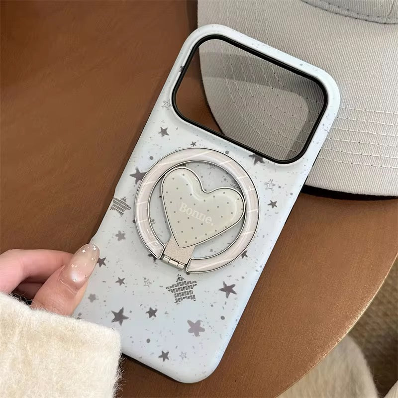Soft Grey Star Heart iPhone Case with Ring Stand – Minimal & Elegant Look