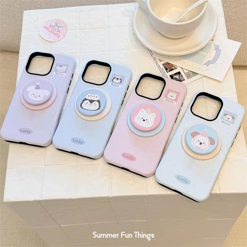 Premium Cute Character iPhone Case with Pop Grip – Soft Pastel Finish