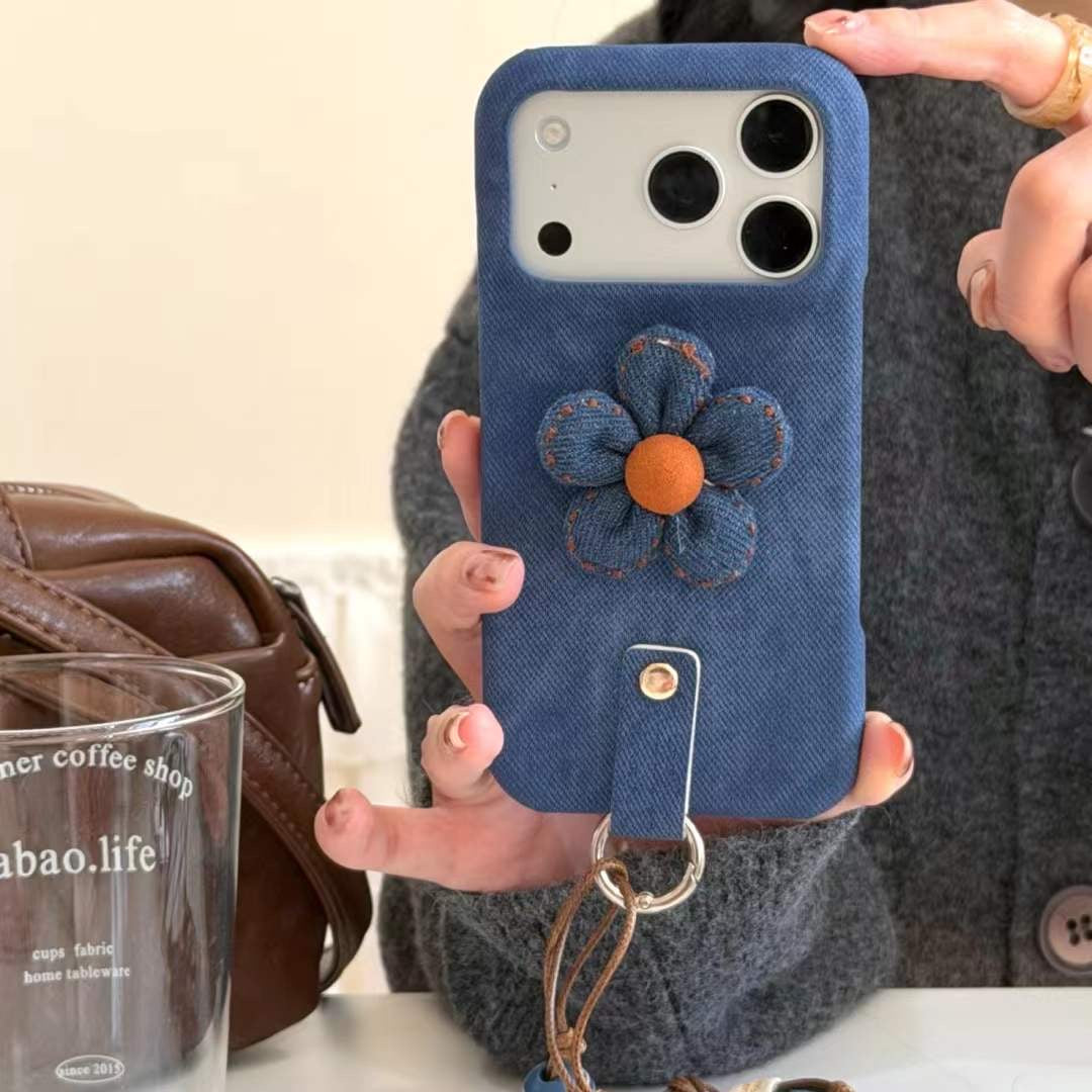 Chic Denim Flower Phone Case with Wrist Strap – Stylish Grip Cover for Everyday Use