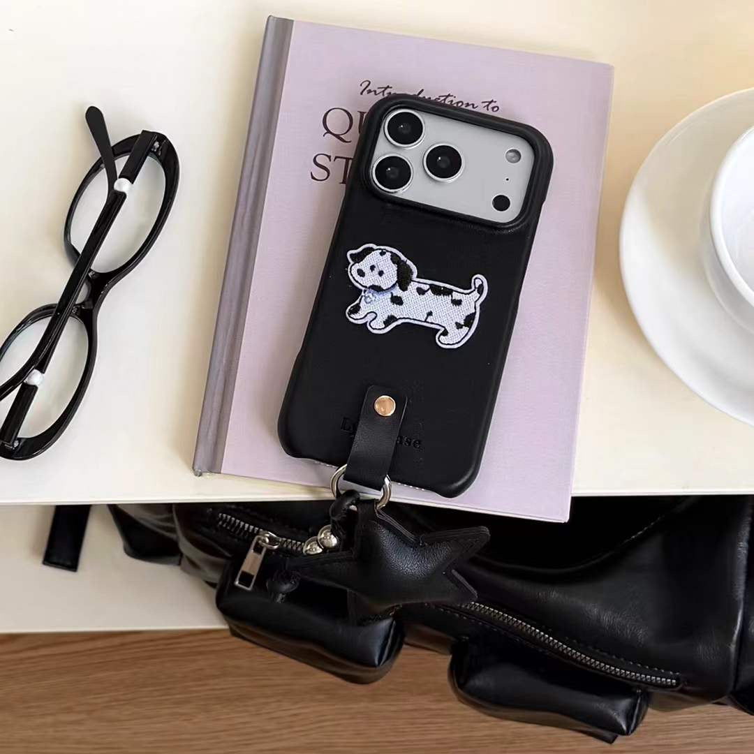 Stylish Dog Motif Phone Case with Grip Strap and Elegant Star Charm