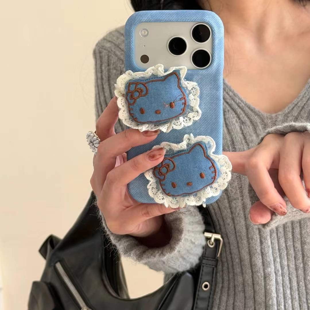 Trendy Denim Cat iPhone Case with Lace Detail & Cute Patch Design